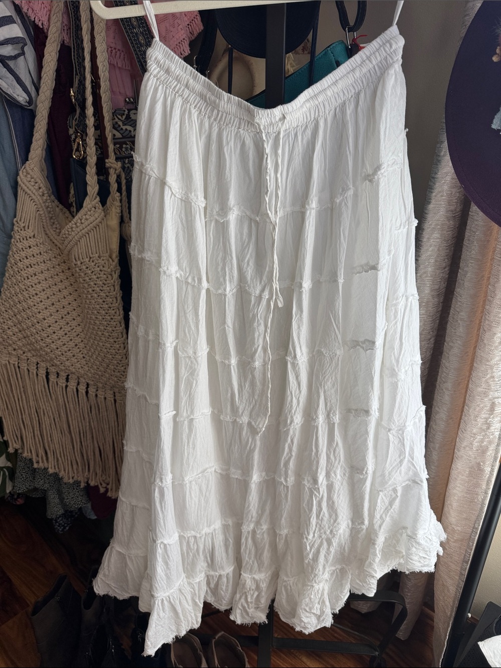 Women's White Tiered Maxi Skirt with Drawstring Waist
